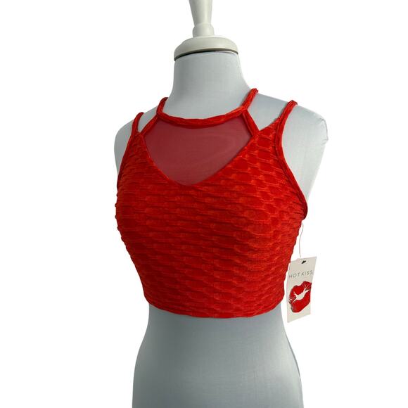 Hot Kiss NWT Jr Women M Y2K High Risk Red Strappy Mesh Halter Woven Crop Top - Picture 2 of 9